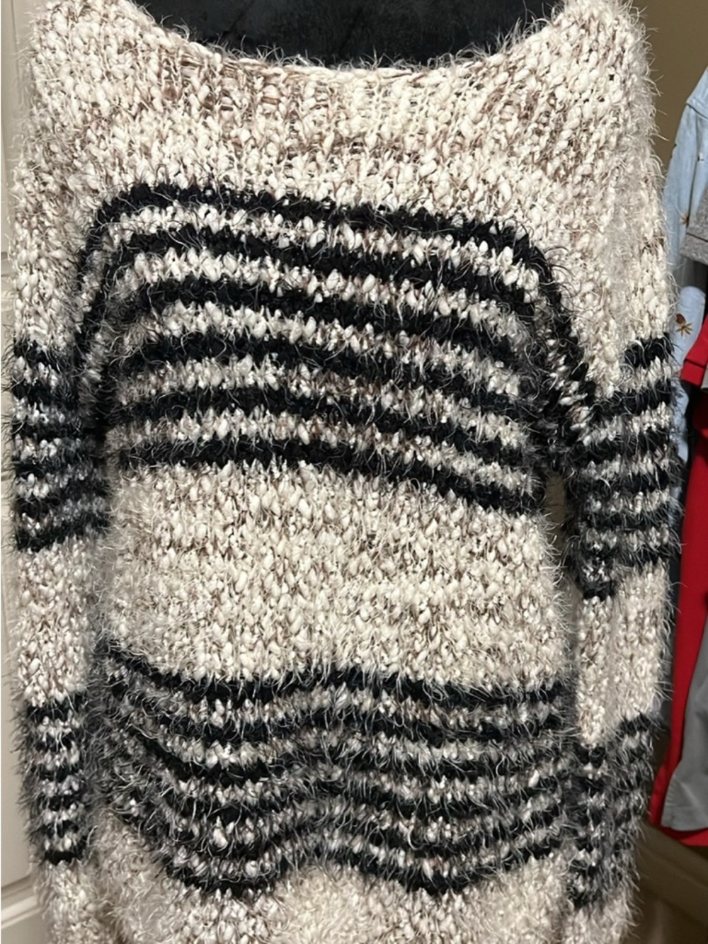 Fuzzy Cream and Black Striped Crewneck Sweater